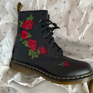 Dr. Martens Black Boots with Red Floral Embroidery